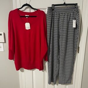 Red sweater 1x wonderly nwt and Black Patterned Pants 1x Set